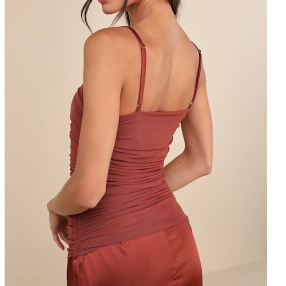 Lulus Perfected Essence Rust Brown Satin Mesh Ruched Maxi Dress Small NWOT - Picture 2 of 5
